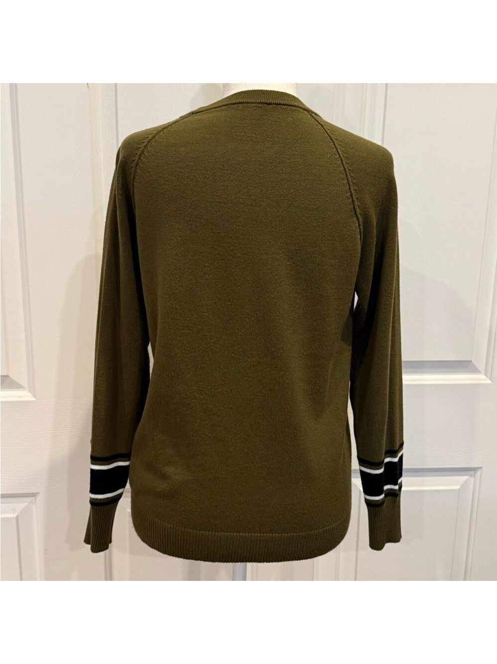 Sweater Olive Green Lightweight Knit Striped Cuff Crewneck Casual Cozy Pullover - Picture 4 of 8